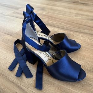 Sam Edelman Odele Ankle Wrap Block Heel Navy Satin Heels Sandals - 7.5